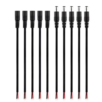 Cable à queue de poule noire à baril en courant continu avec connecteur jack mâle femelle de 2,1 mm x 5,5 mm