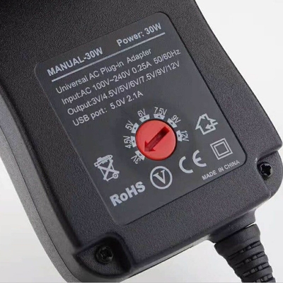 Adaptateur de charge réglable universel 3-12V 30W 2.1A avec sortie USB type port DC noir